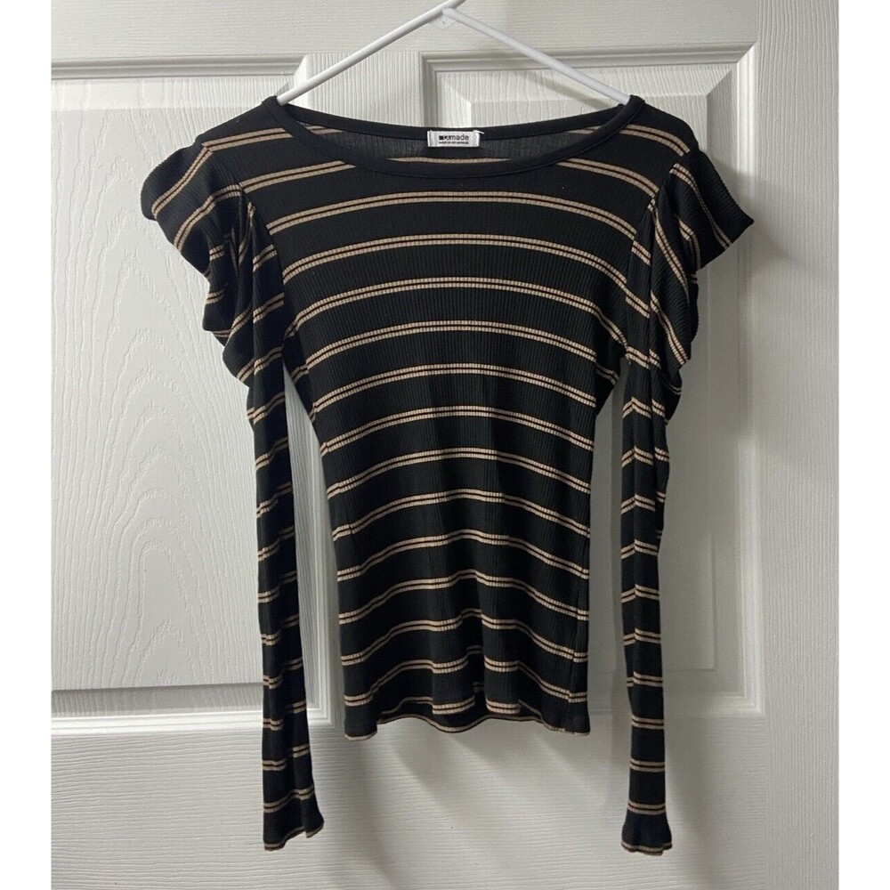 La Made Top Womens small Black Tan Knit Striped Pullover Puff Sleeves Ribbed
